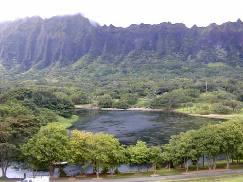 Loko Waimaluhia from the top of the dam at Ho`omaluhia Botanical Garden